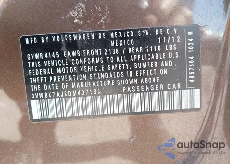 2013 Volkswagen Jetta 2.5L Se из США, поврежденный, VIN 3VWBX7AJ8DM407133